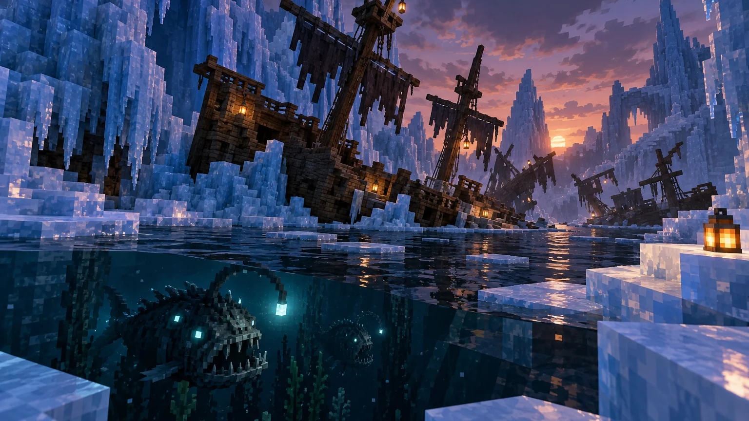 Aquamirae Mod frozen Ship Graveyard gameplay scene with deep-sea creatures