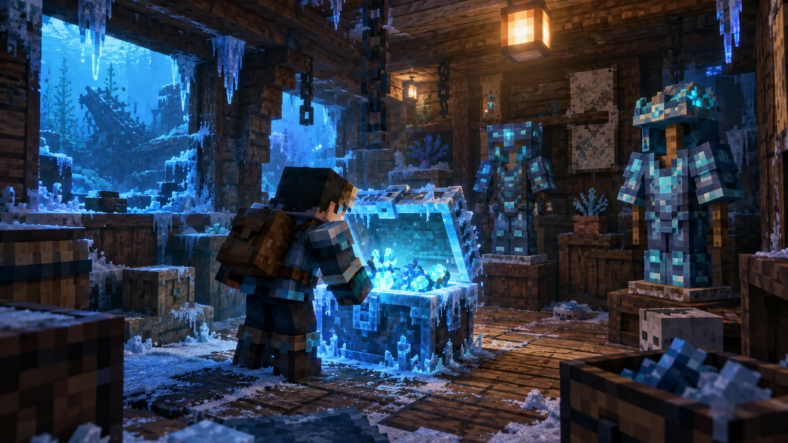 Aquamirae Mod NeoForge setup scene with frozen shipwreck gear