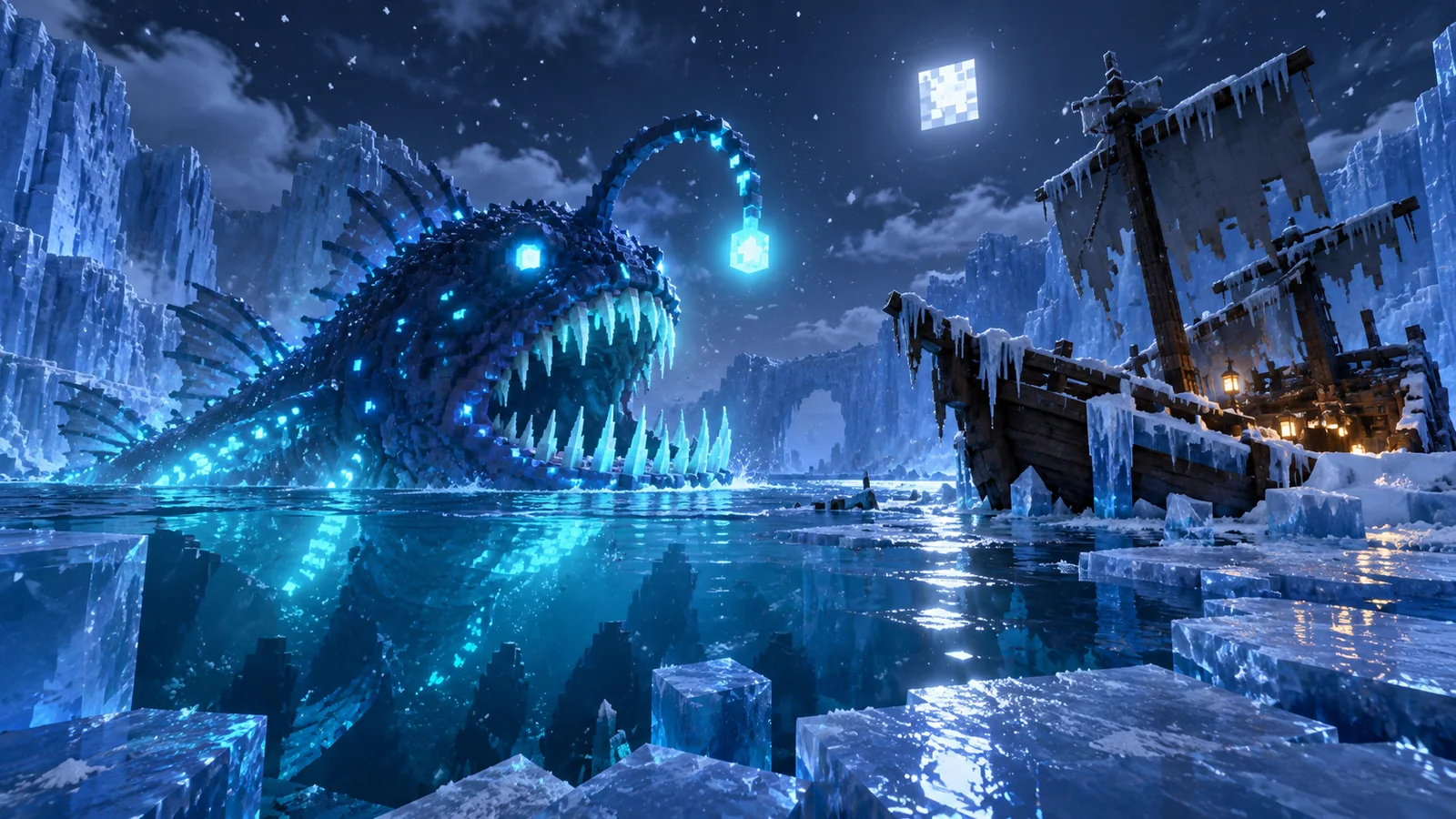Aquamirae Mod Shipbreaker leviathan beside an icebound shipwreck